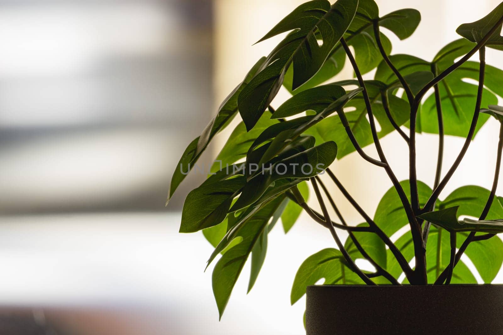 Green artificial flower with a lot of plastic leaves in gray concrete flower pot