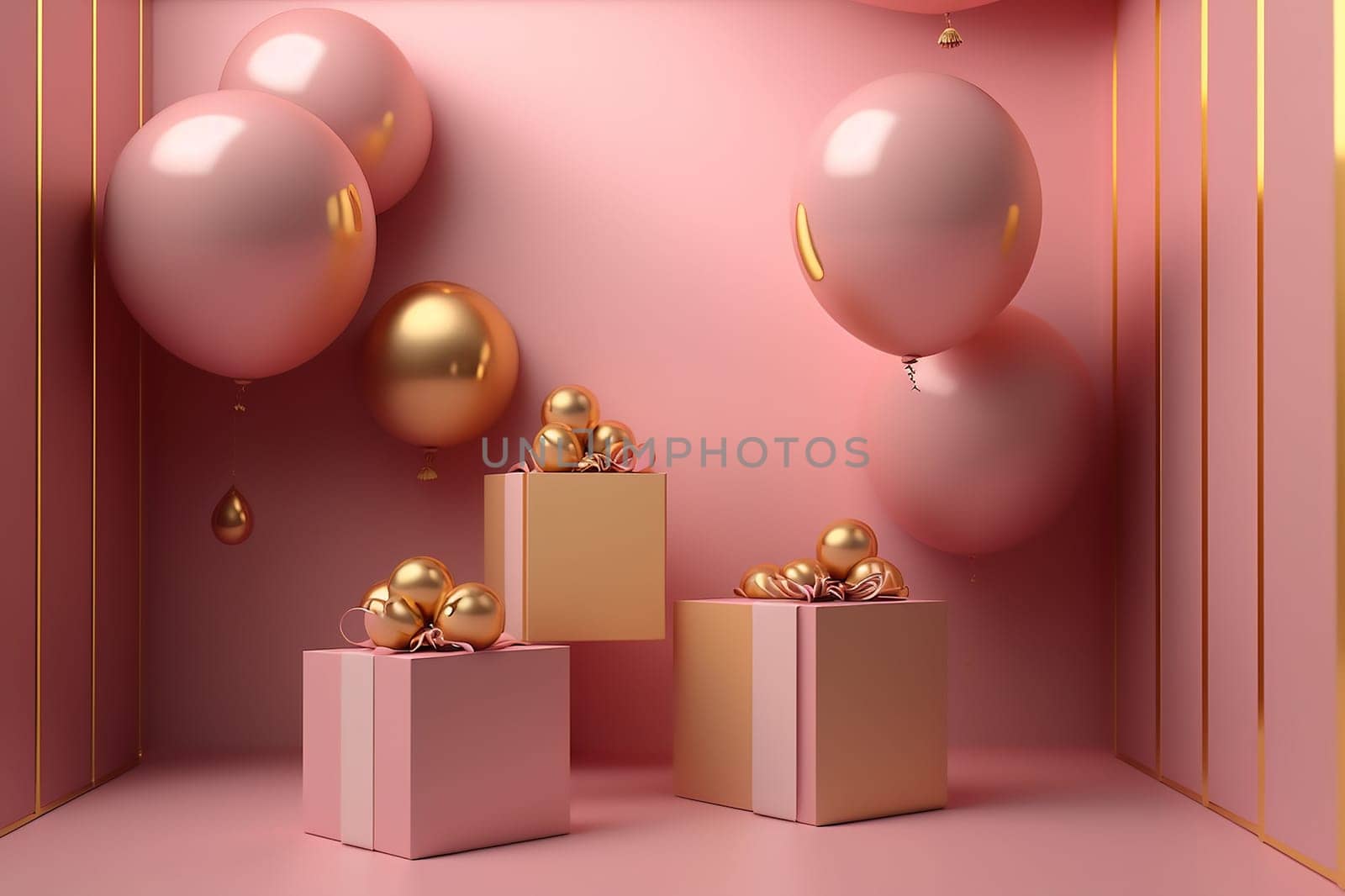 a pink empty room with pink gift boxes and pink balloons. Ai generative. Copy space