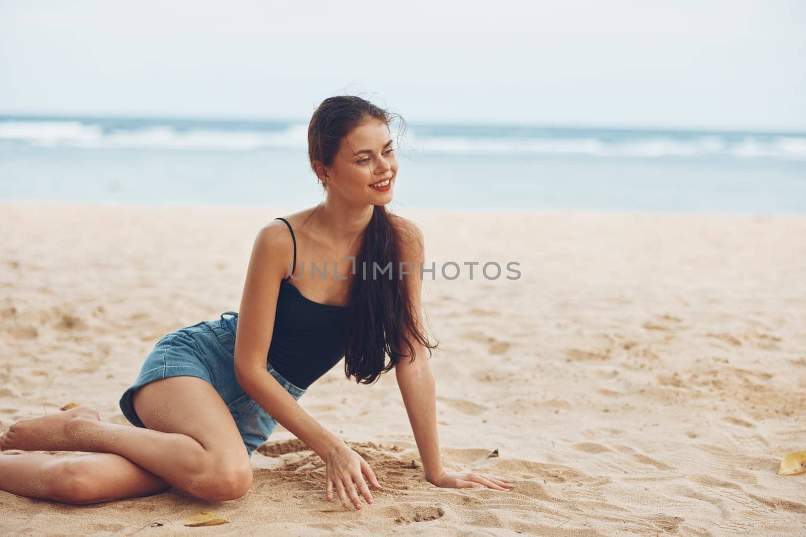 smile woman vacation hair white nature sun sand coast travel view beach bali attractive freedom female happy sea sitting natural back alone