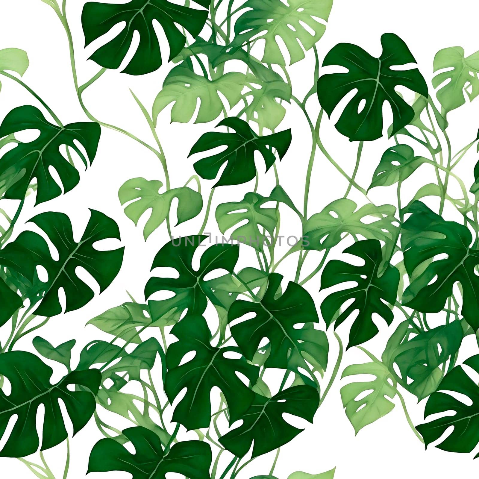 Tropical seamless pattern of Monstera leaves on white background. AI generated by LanaLeta