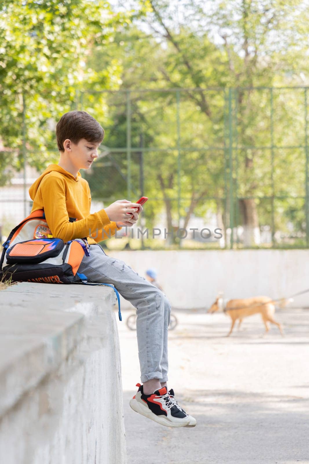 Caucasian teen boy sitting in the park and using mobile phone, gaming or chatting. Full body shot. by Ri6ka