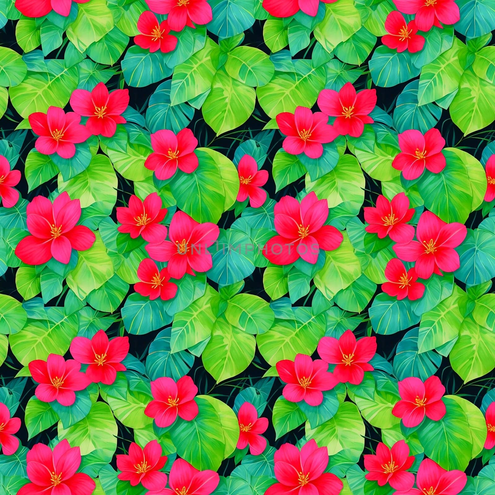 Tropical seamless pattern of bright magenta flowers and green leaves on black backdrop, watercolor illustration for textile, manufacturing, wallpapers, print, gift wrap and scrapbooking. AI generated.