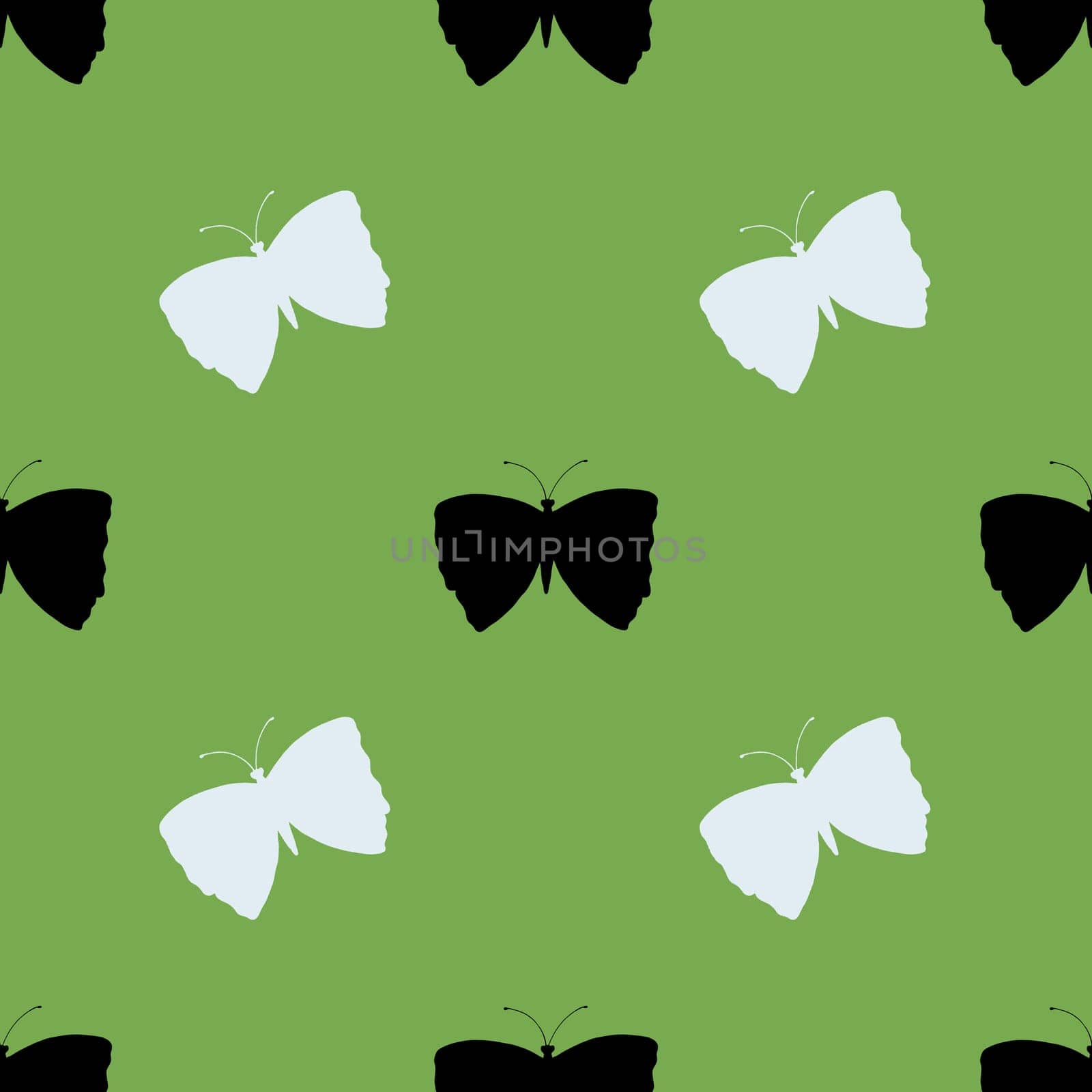 Black and White Butterfly Silhouette Seamless Repeat Pattern Background. Butterfly Silhouettes on Green Digital Paper.