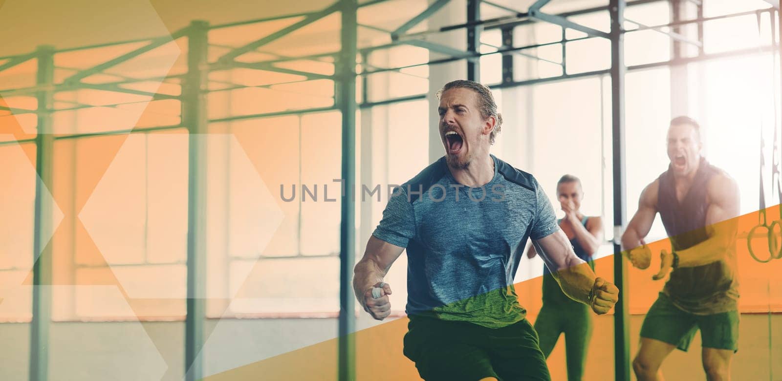 Man, fitness and celebrate exercise or gym workout and training goals or win. Sports group happy about mockup overlay space for power challenge, success or achievement at health and wellness club.