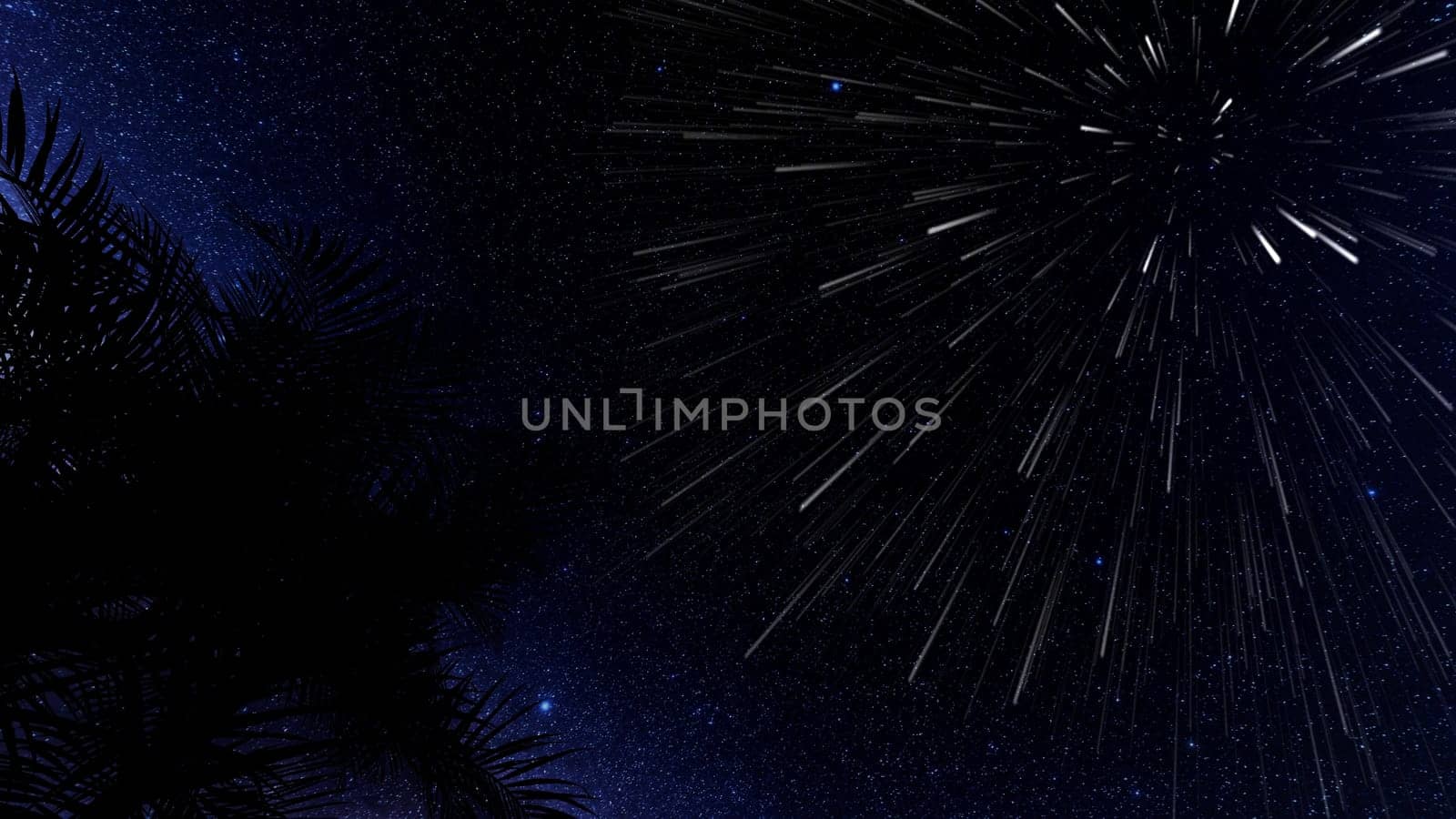 Starfall against the background of the starry sky and palm leaves 3d render by Zozulinskyi