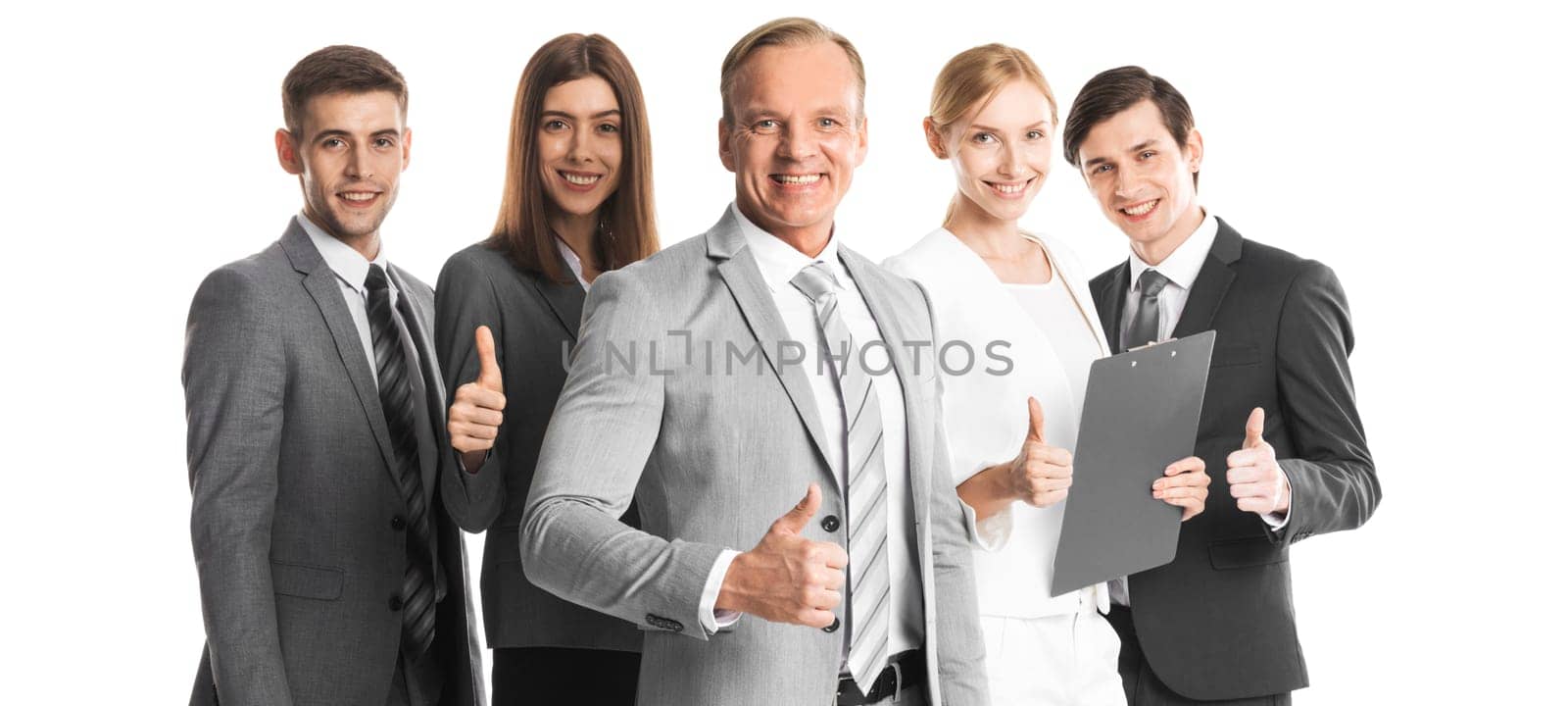 Group of thumbing up business people, isolated on white. Concept of teamwork and cooperation