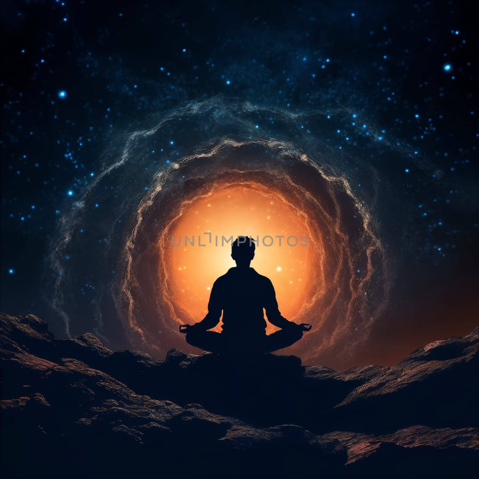 Meditating person on the edge of black hole. AI Generative