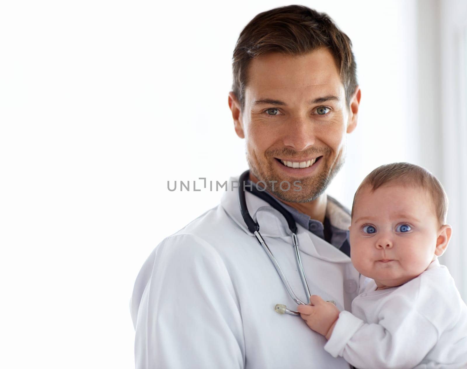 Portrait, man and pediatrician smile with baby on mockup of medical assessment, support and healthcare of children. Cute newborn, happy doctor and trust in pediatrics clinic, kids hospital and growth by YuriArcurs