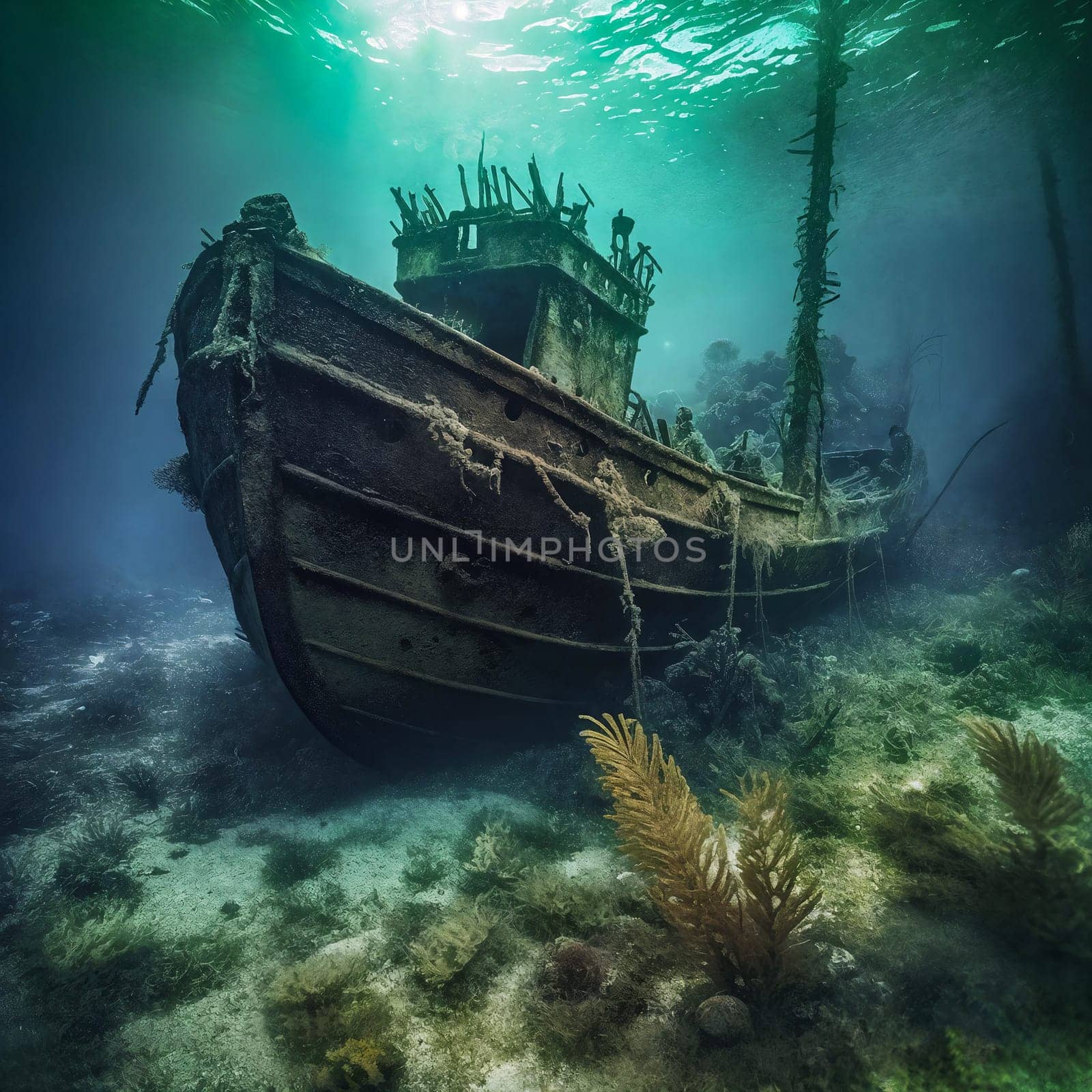 Shipwreck underwater close-up. Generative AI by GoodOlga