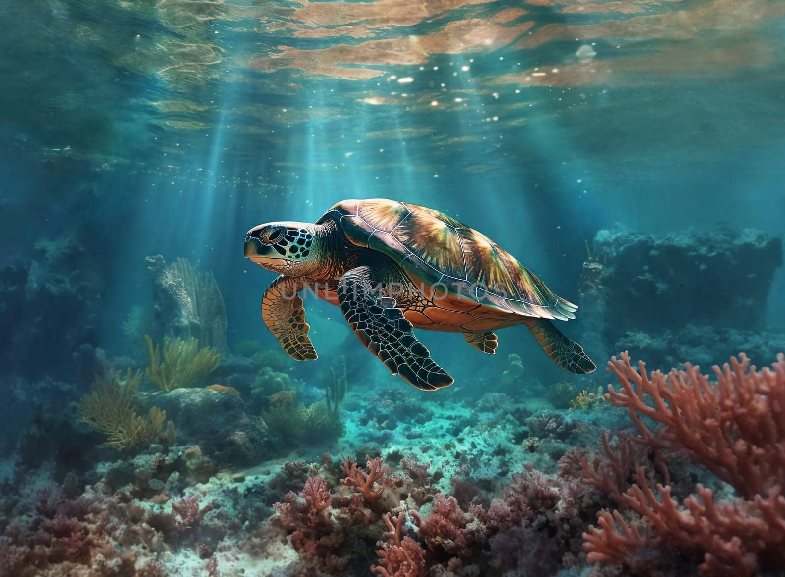 Turtle underwater close-up, sunlight through the water. Generative AI