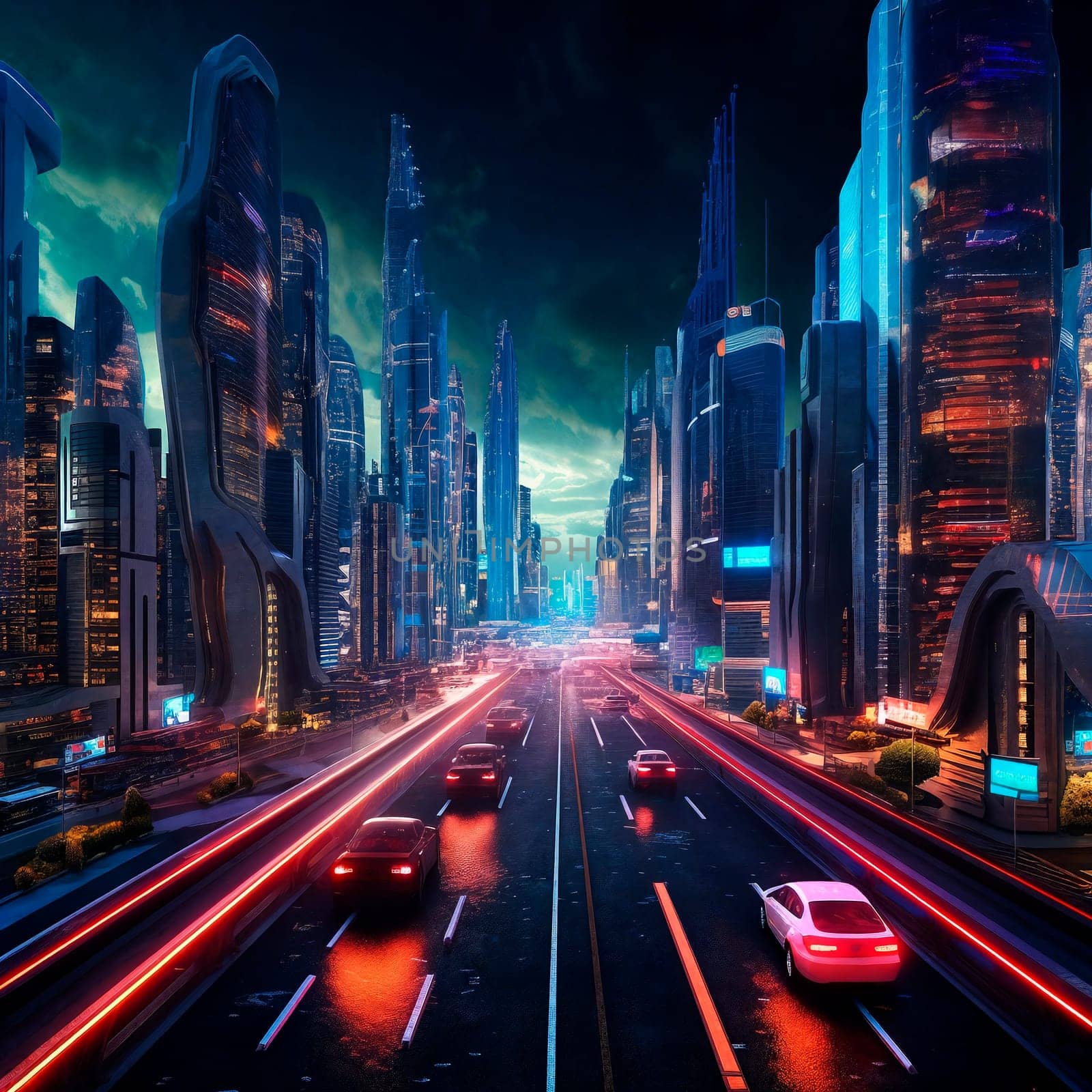 Futuristic cityscape with road and cars on foreground. AI Generative by GoodOlga