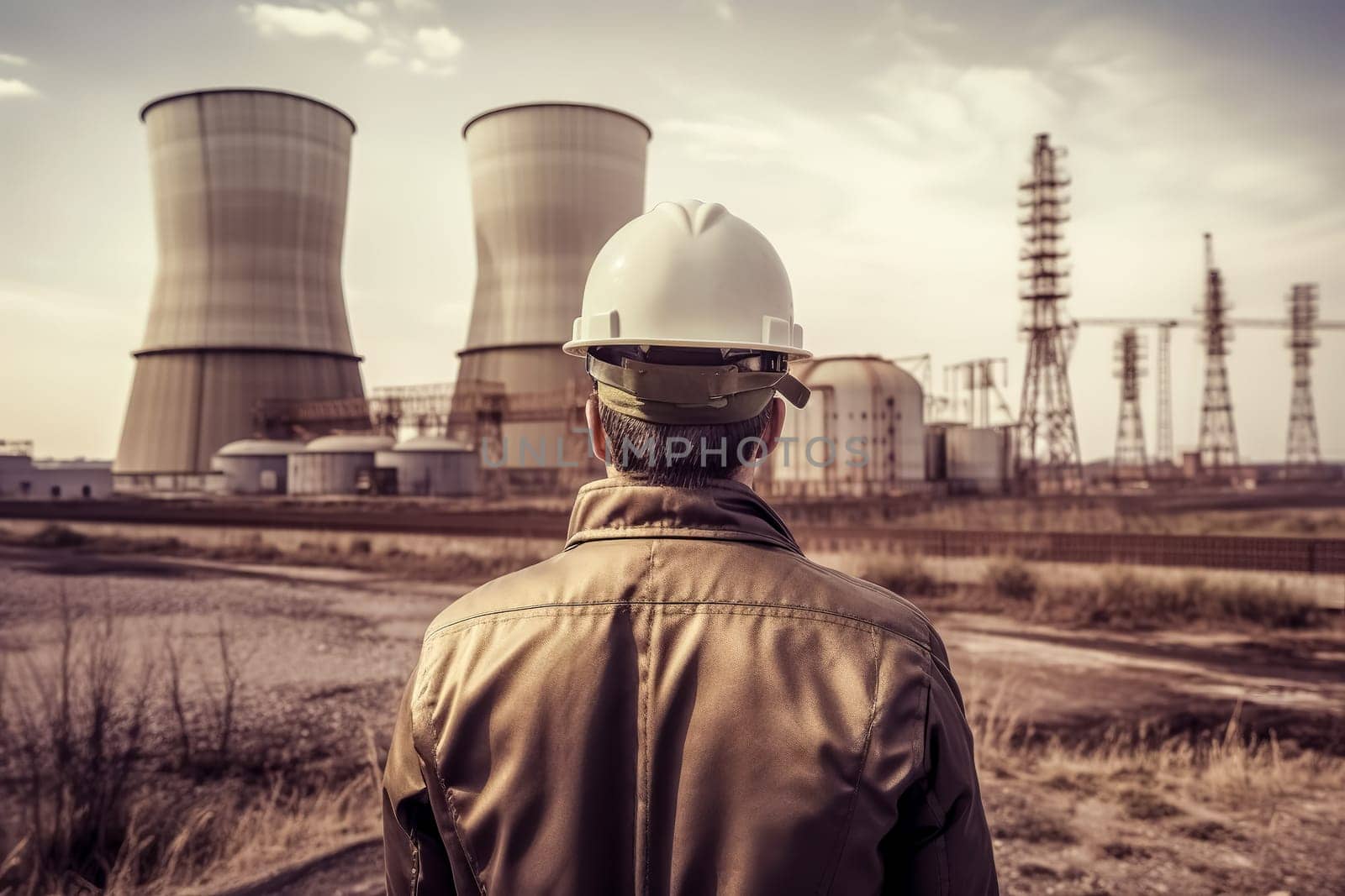 a civil engineer in a helmet looks at a nuclear power plant. energy industry. AI generated image.