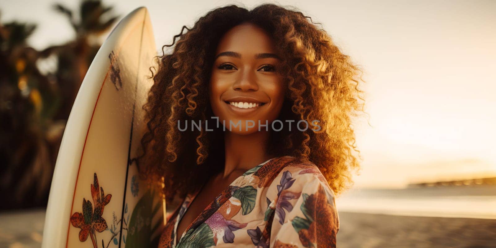 African American woman wearing a bikini in a beach setting - generative AI - AI generated