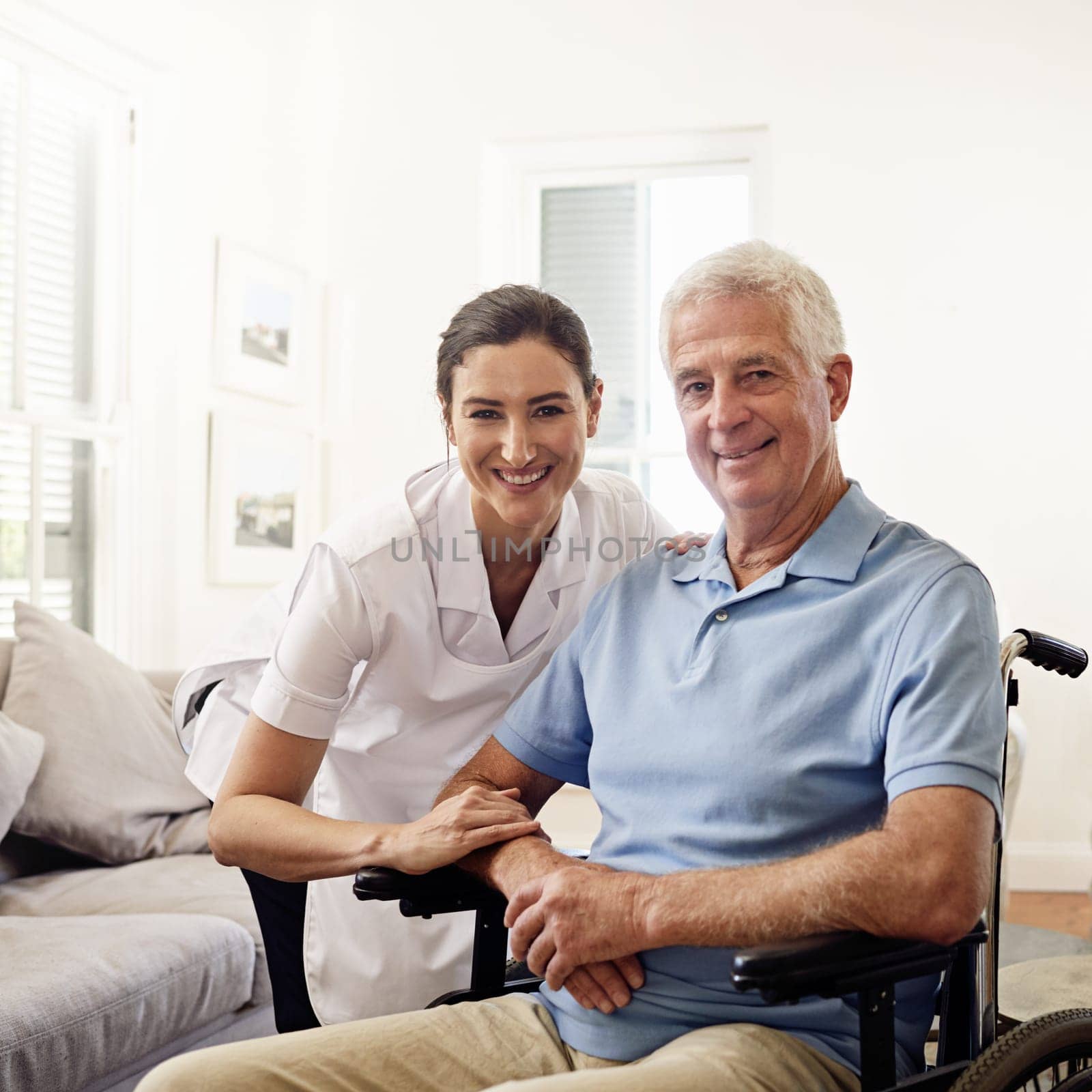 Portrait, caregiver and senior man in wheelchair for medical disability, wellness or support in nursing home. Happy nurse helping disabled patient, elderly and healthcare empathy for rehabilitation.