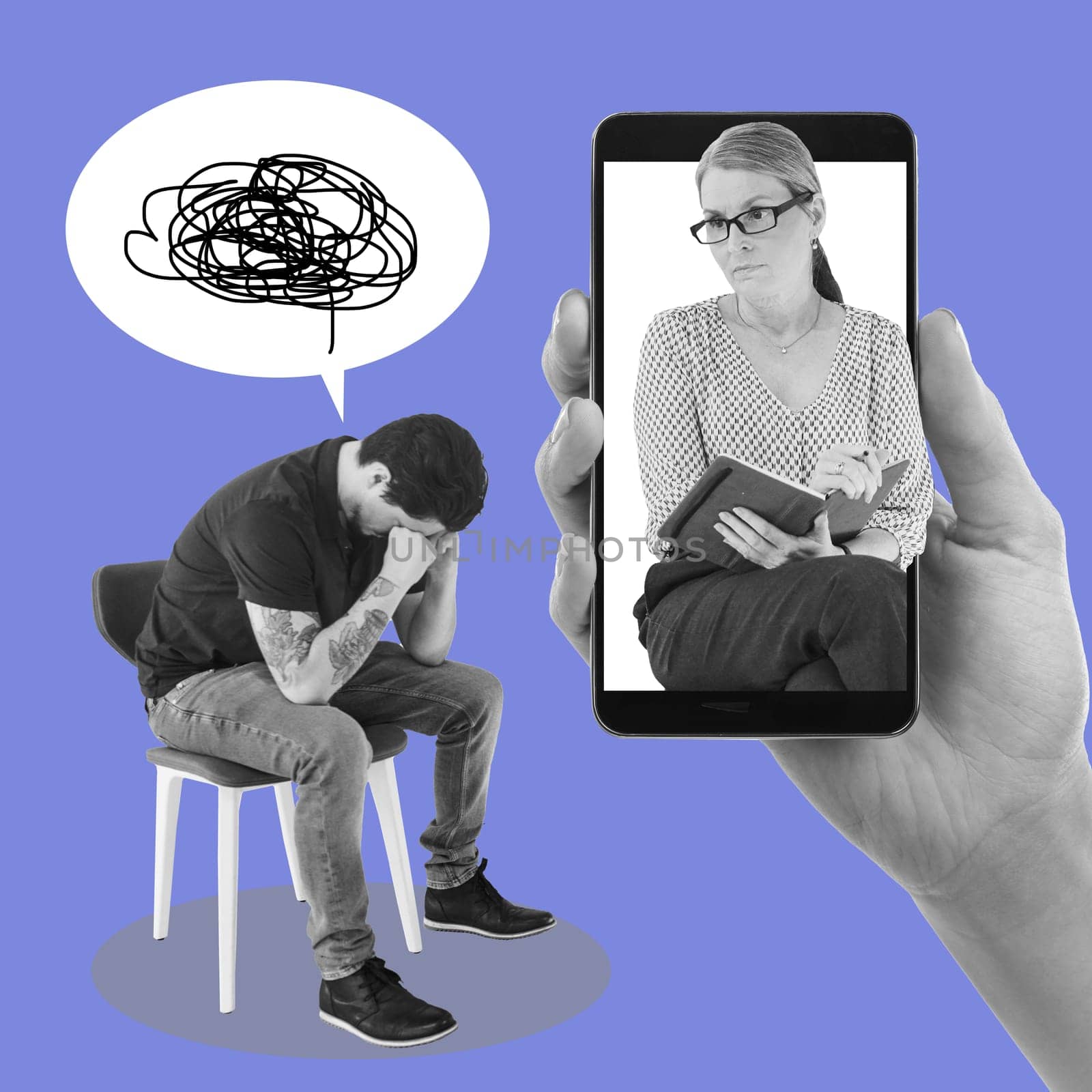Phone, psychologist and man crying at an online therapy session with a mobile device in studio. Mental health, support and therapist on cellphone looking at male with depression by purple background. by YuriArcurs