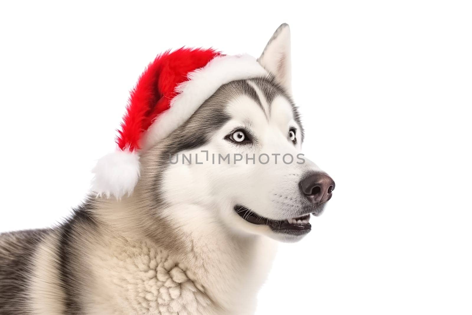 A husky dog in a Santa Claus hat. Big dog in a red Santa hat. New year or Christmas Banner with copy cpace.