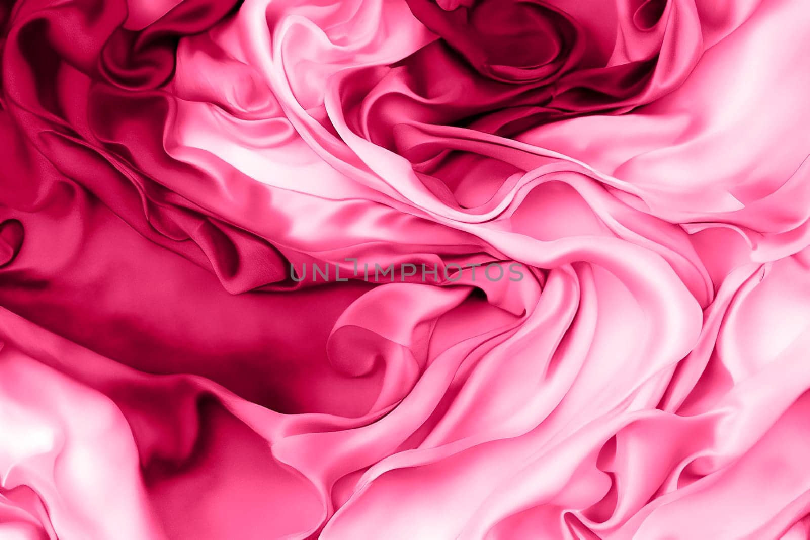 Gradient Magenta-Pink Satin Texture Background with Wavy Folds. Horizontal Design Element for Banner, Wallpaper, Poster, Cover. Generative AI.