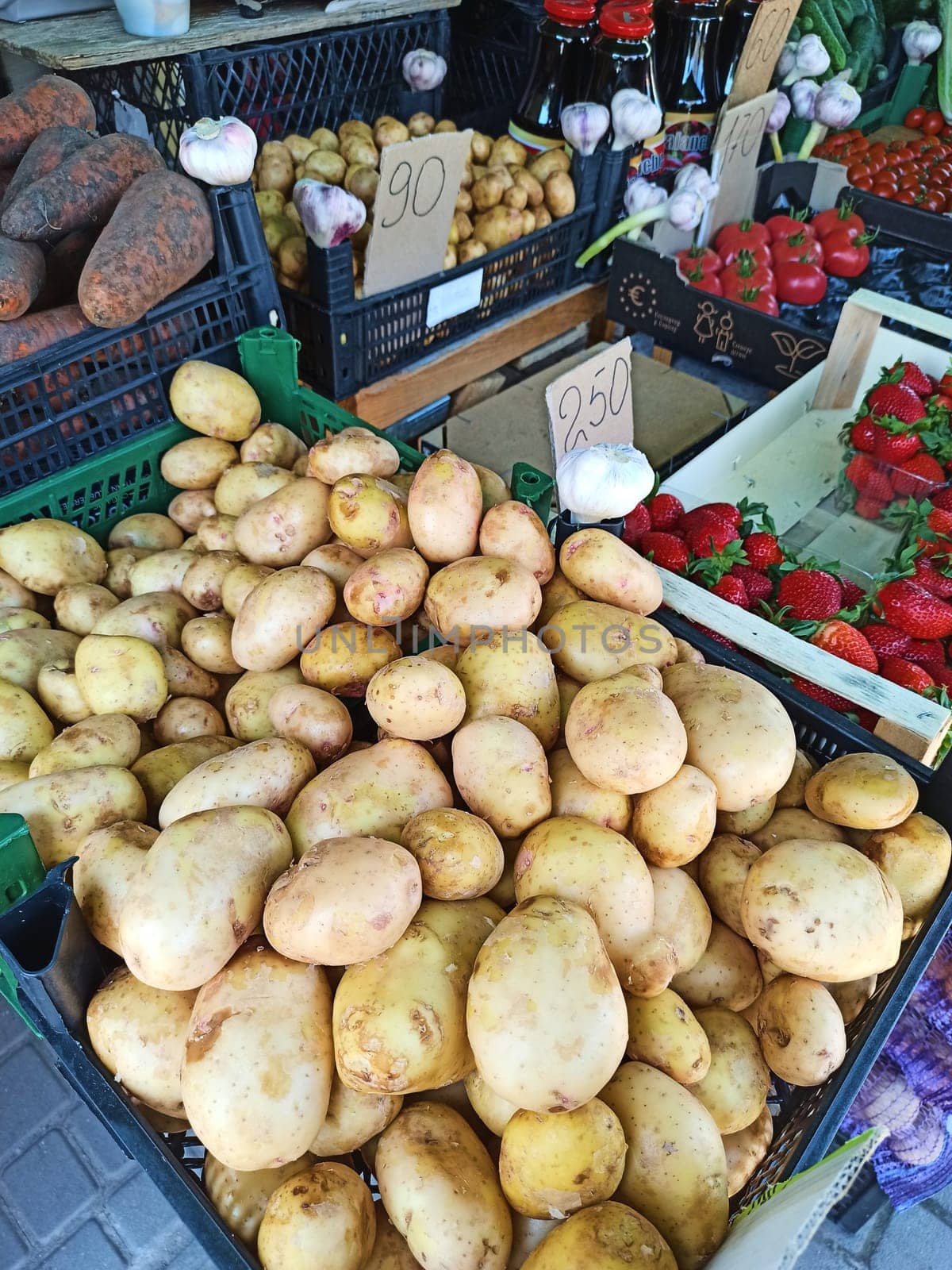Fresh ripe young potatoes harvest on the shelves of farmer market. Food industry and consumerism concept. Agriculture. Agricultural hobby and business. Eco farming. Sustainable lifestyles