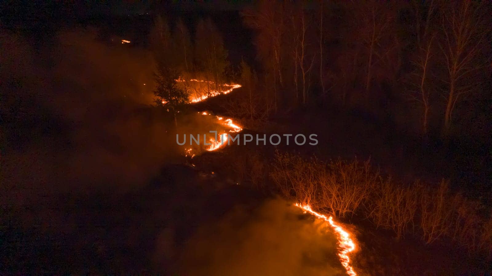 Night fire in the forest with fire and smoke.Epic aerial photo of a smoking wild flame.A blazing,glowing fire at night.Forest fires.Dry grass is burning. climate change,ecology.Line fire in the dark. by YevgeniySam