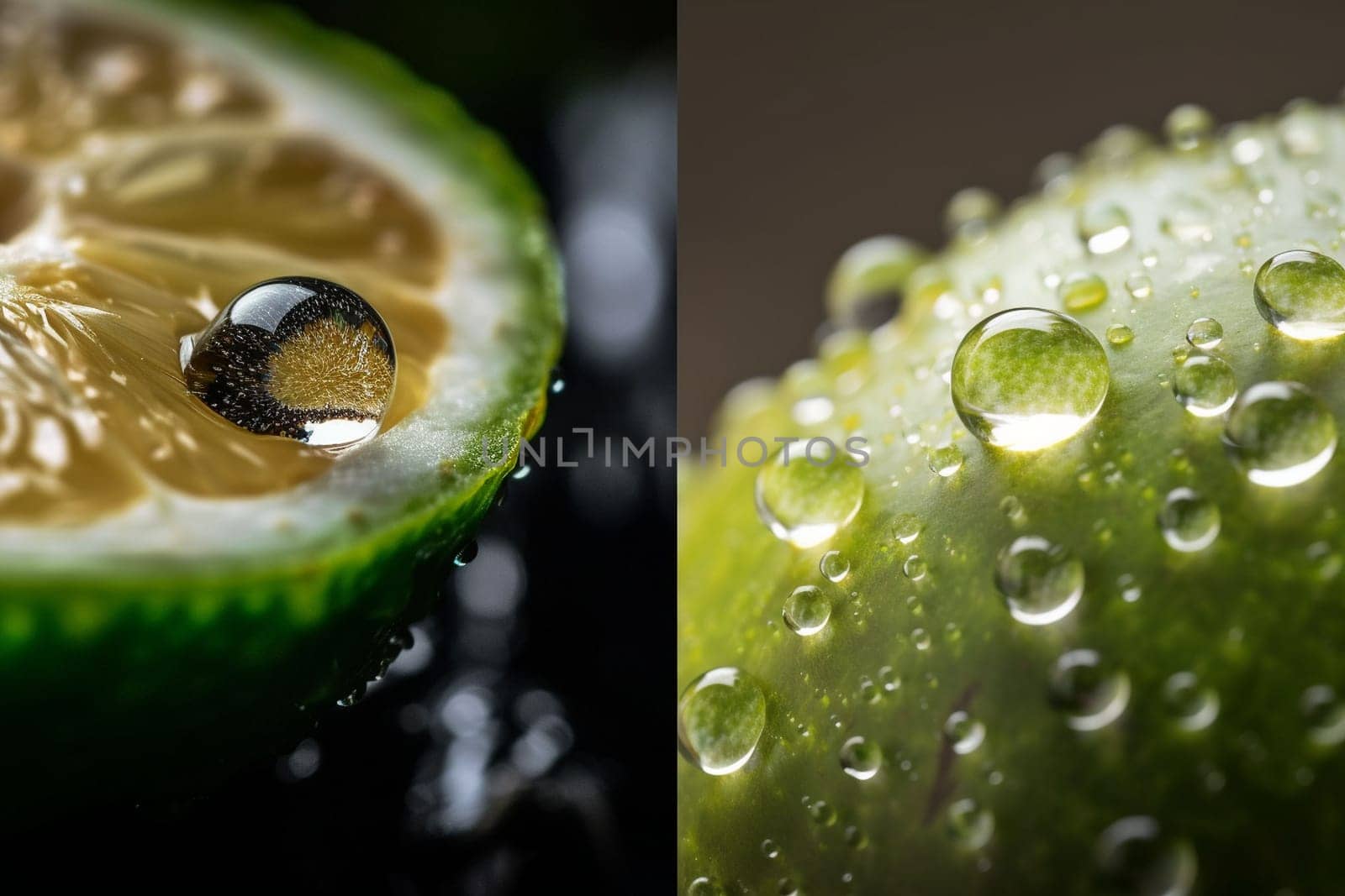 Fresh half an avocado falls in water, bubbles around, in blue water. Trendy healthy diet. Water drops on green leaf in rays of sun, close-up macro. Raindrops on textured leaf in nature. ripe avocado. water droplets on the peel of a green avocado by Costin