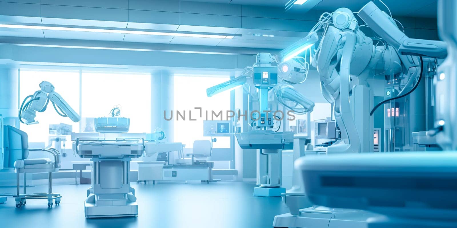 modern robots on surgical operating room in hospital, concept of advanced medicine. Banner with copy space.made with Generative AI by Edophoto