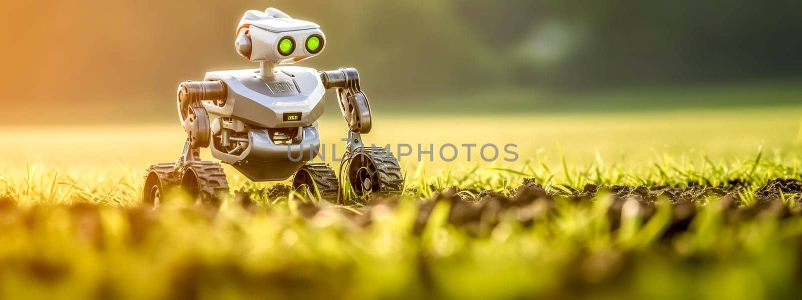 the robot works in agriculture, growing plants without chemicals. Concept of sustainable economy. banner with copy space. made with Generative AI by Edophoto