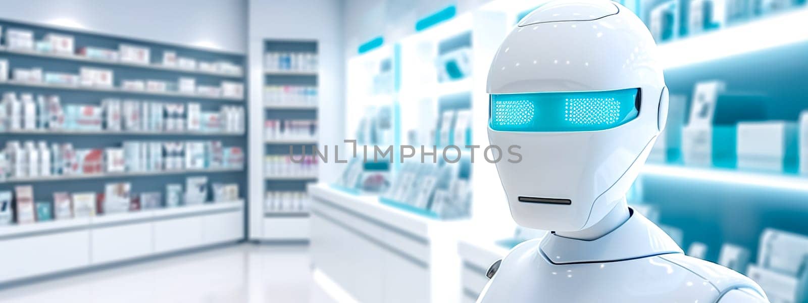 robotics pharmacy staff, healthcare concept of the future. banner with copy space. made with Generative AI by Edophoto