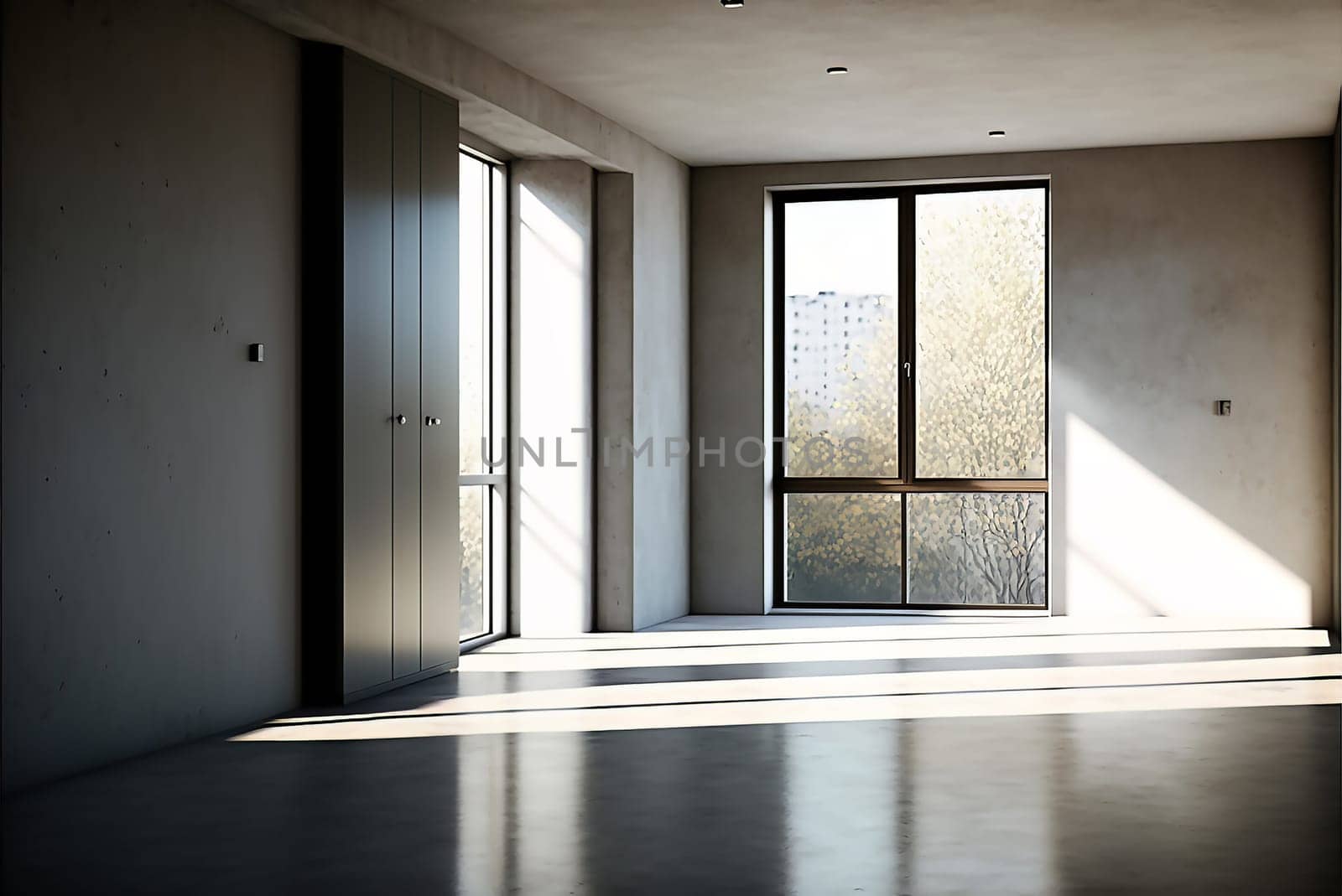 The modern interior of an empty light gray living room with large window, large windows overlook nature, sunlight penetrates into the room, in loft style . Ai generative