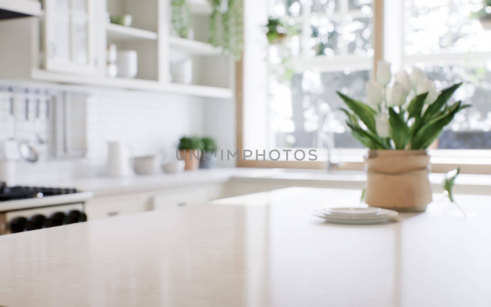 The interior of a large U-shaped kitchen with a wooden front and a large island by N_Design