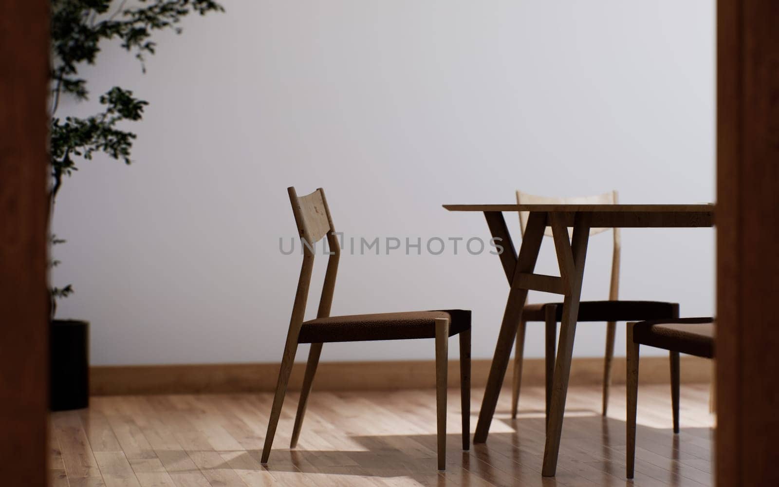 Table interior with chairs in the dining area with a plant in the background. 3d rendering