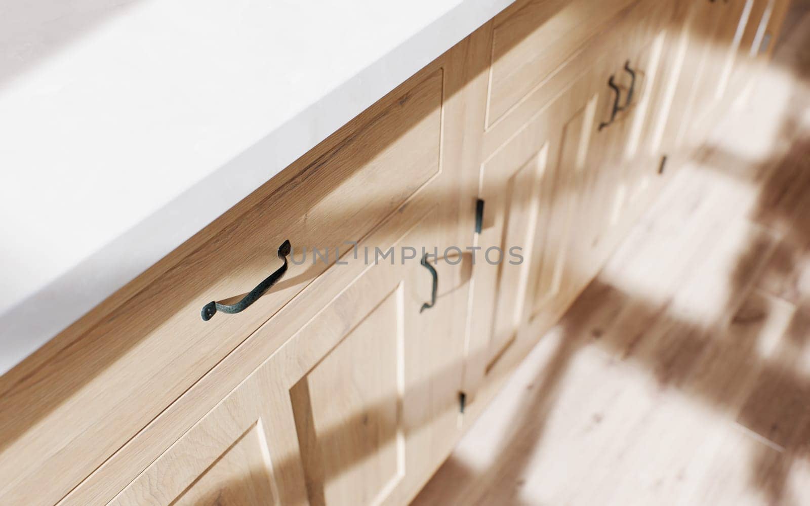 Wooden kitchen island with a close-up on the doors and handles with a sunburst pattern in the interior. 3d rendering