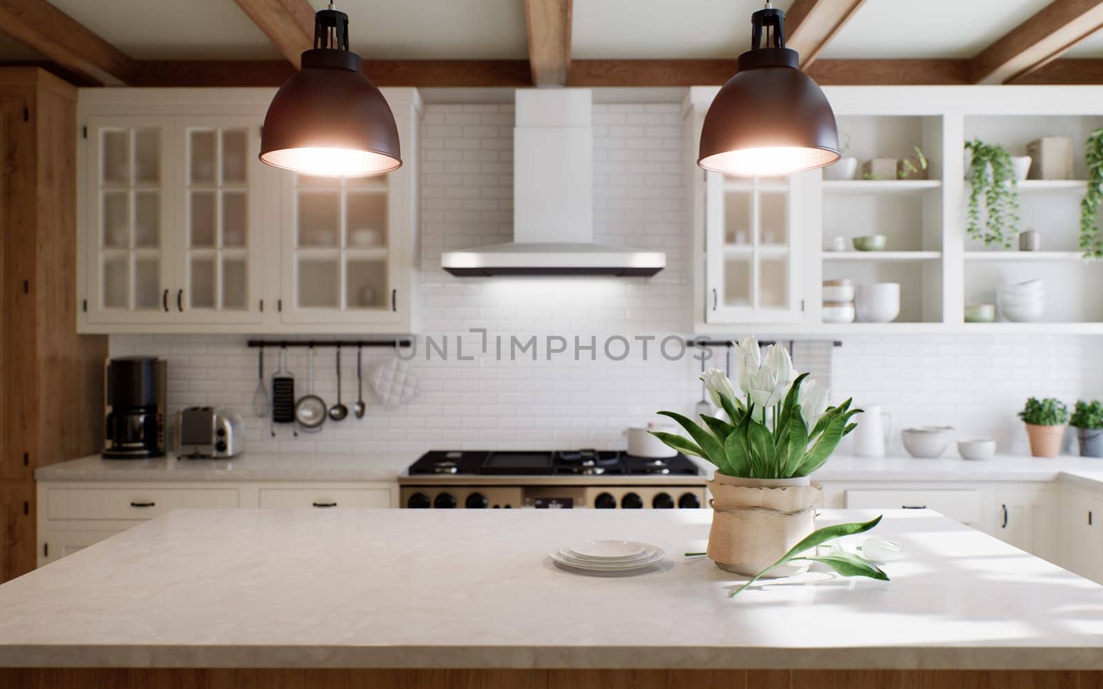 Close-up of a marble countertop of an island kitchen against a blurred background of a kitchen with appliances and utensils by a window with a green plant. 3d rendering