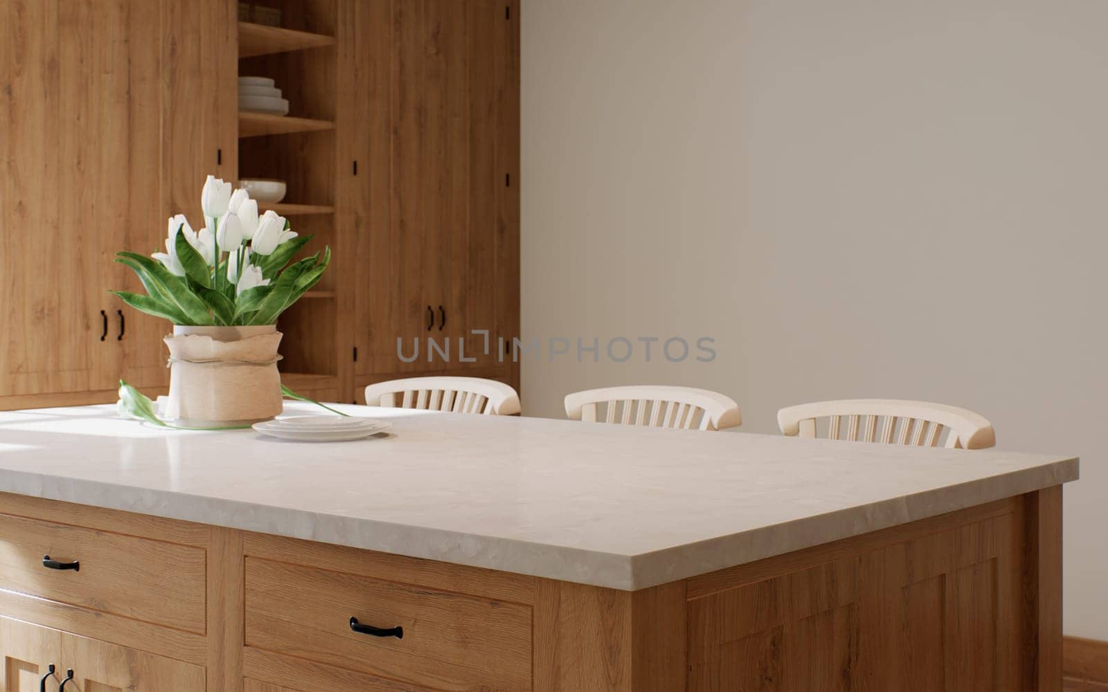 Close-up of a marble countertop of an island kitchen against a blurred background of a kitchen with appliances and utensils by a window with a green plant. 3d rendering