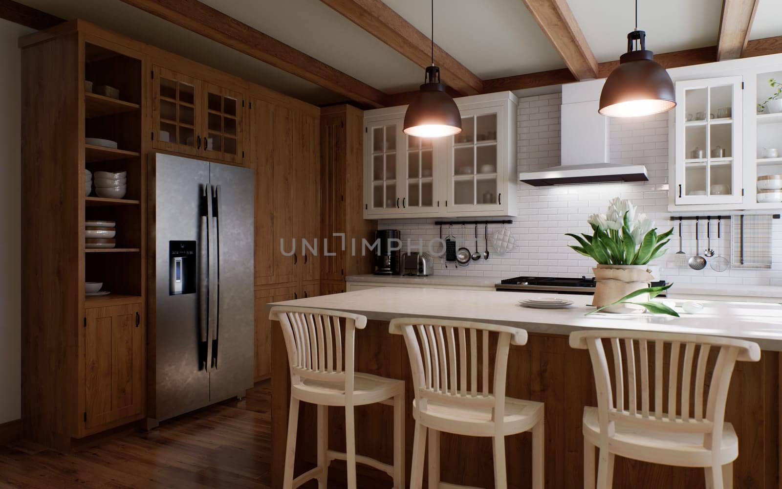 The interior of a large U-shaped kitchen with a wooden front and a large island by N_Design