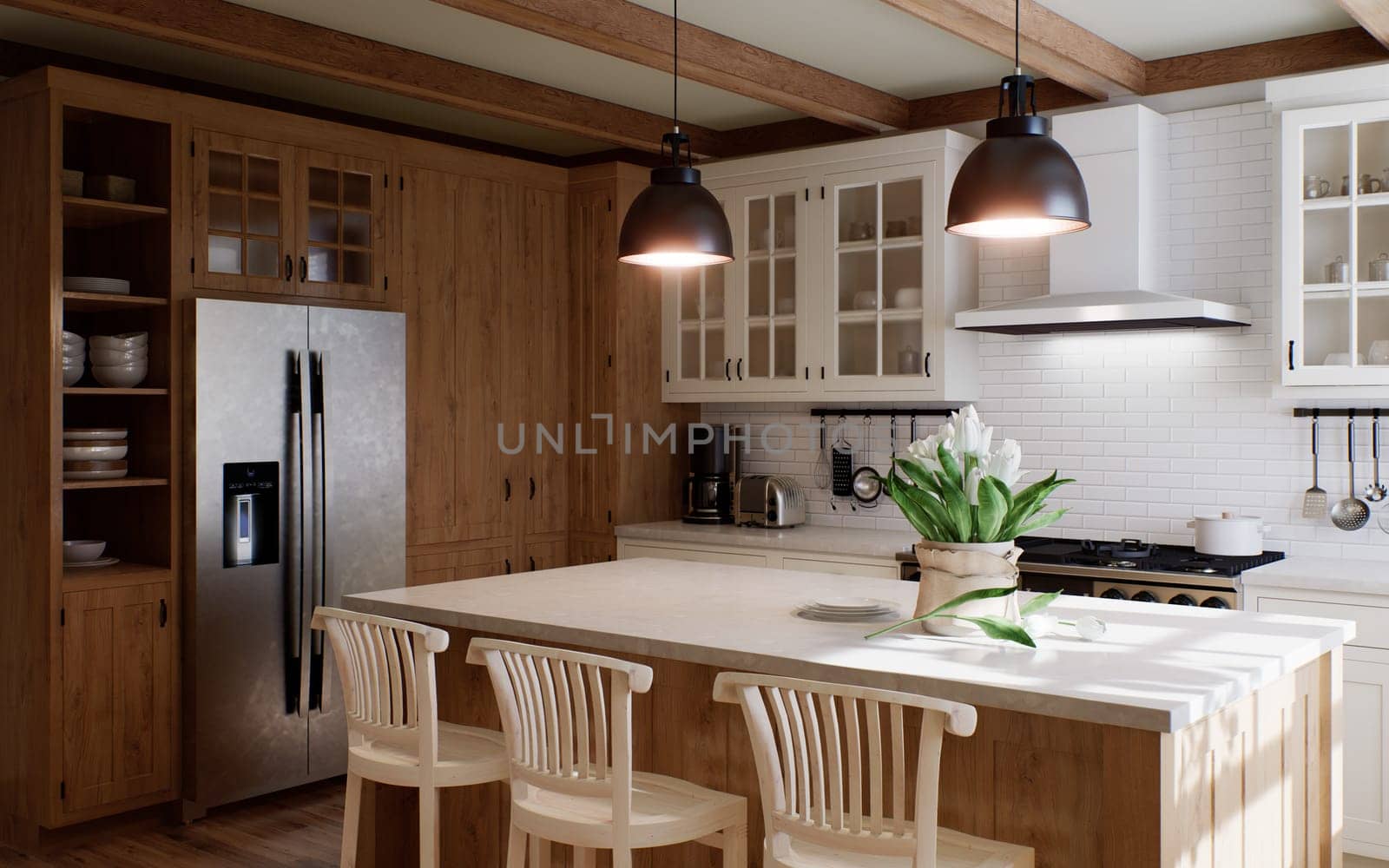 The interior of a large U-shaped kitchen with a wooden front and a large island. Stylish, cozy kitchen with appliances and plants with sun rays. 3d rendering