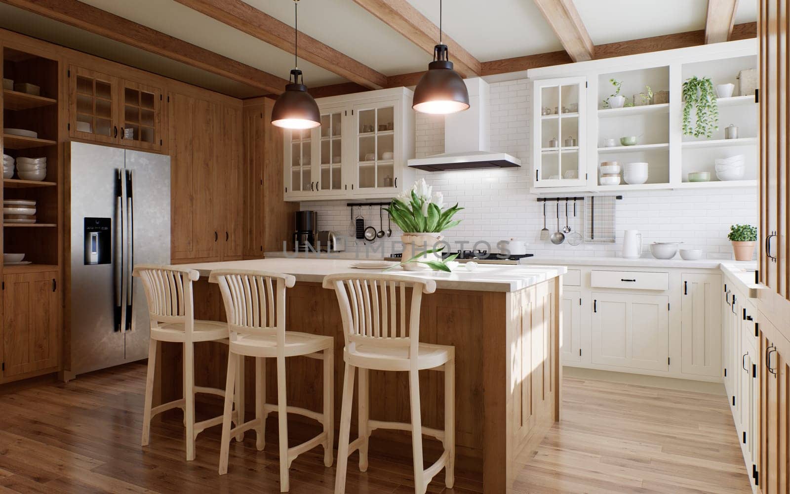 The interior of a large U-shaped kitchen with a wooden front and a large island by N_Design