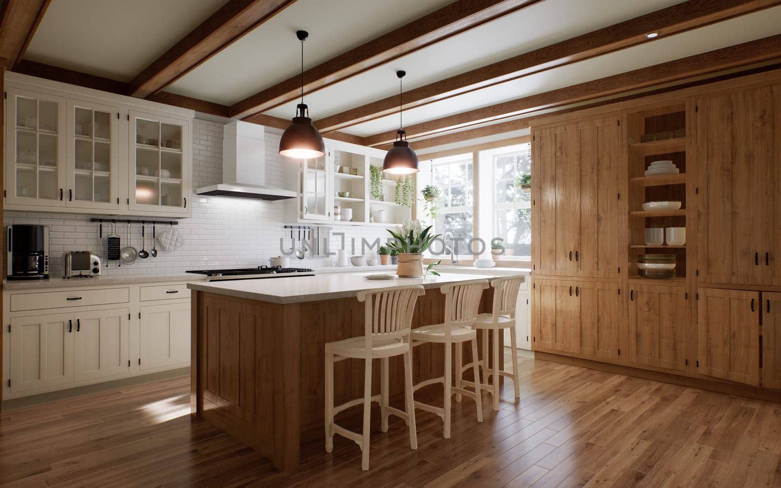 The interior of a large U-shaped kitchen with a wooden front and a large island. Stylish, cozy kitchen with appliances and plants with sun rays. 3d rendering