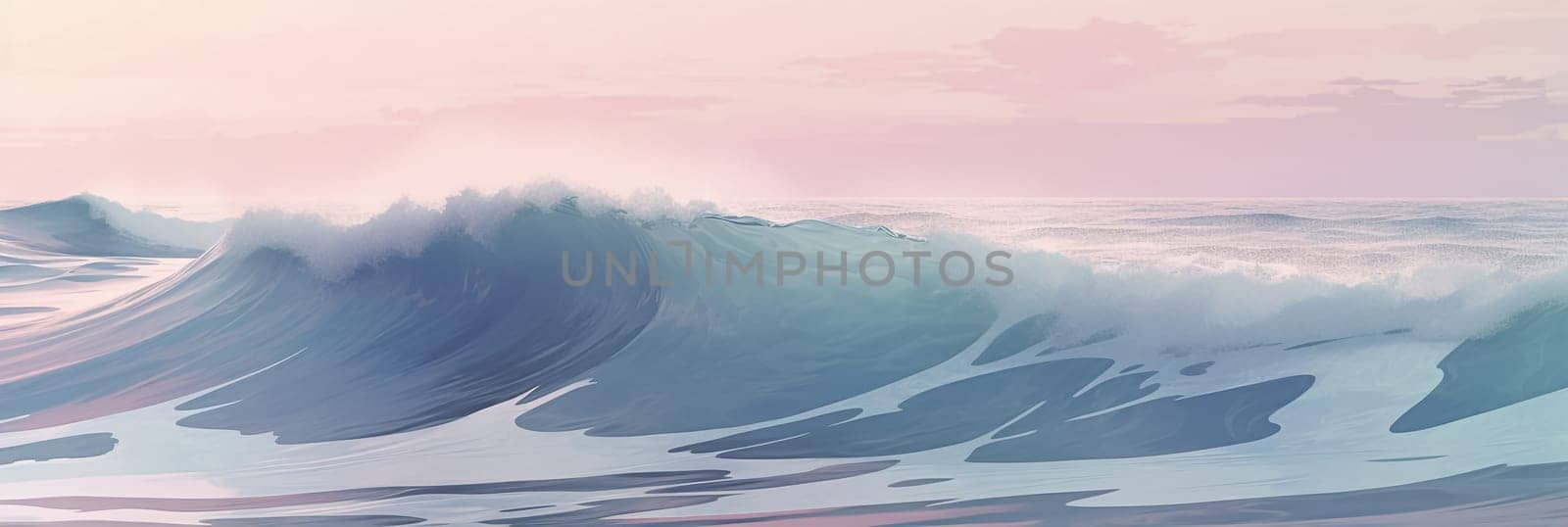 Beautiful View on high waves on the empty coast of the Ocean at early morning. Deserted beautiful ocean beach. Long summer sea banner.