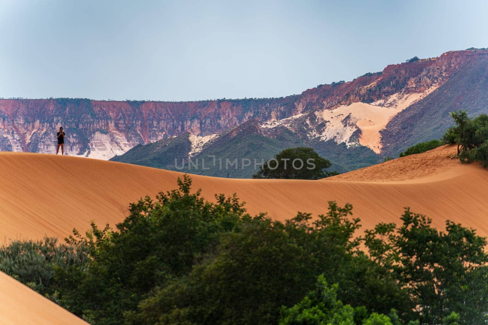 A blurry figure stands on a sand dune with mountains and blue sky in the background. This rural scene with selvatic vegetation offers extreme terrain for adventure seekers.