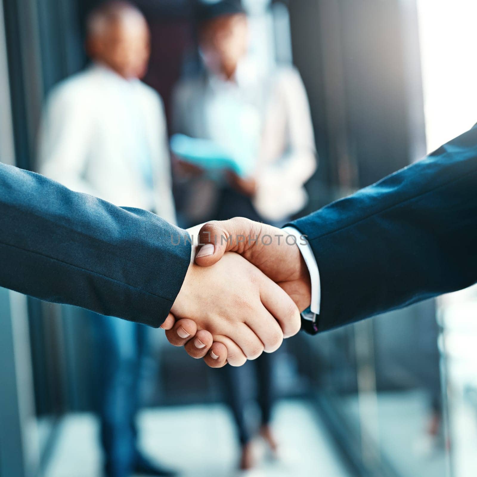 Handshake, business people with agreement and support with networking, welcome and introduction. Hiring, recruitment and promotion, corporate team shaking hands and partnership with collaboration by YuriArcurs
