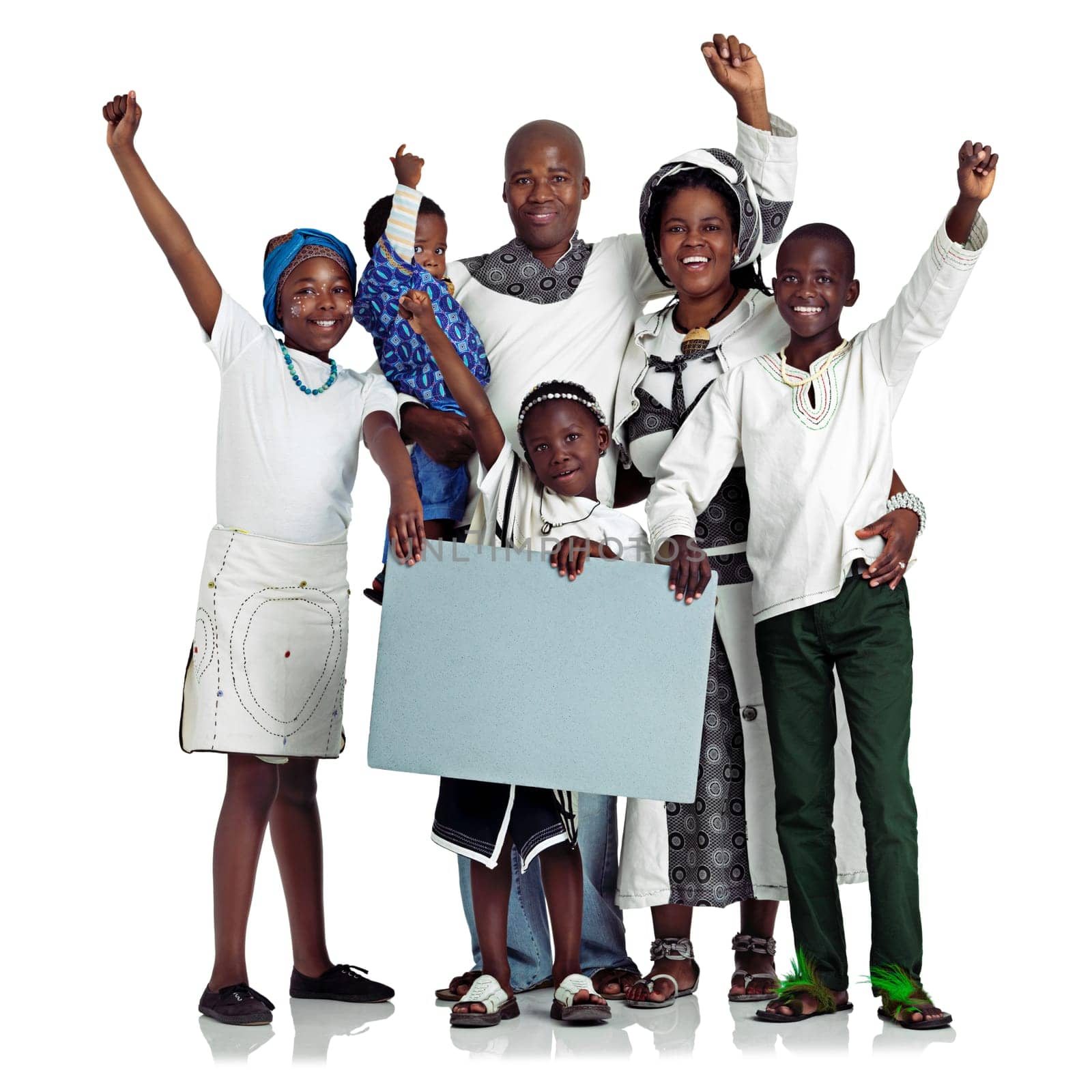 This family will support you. Studio shot of a traditional african family holding a blank board, isolated on white