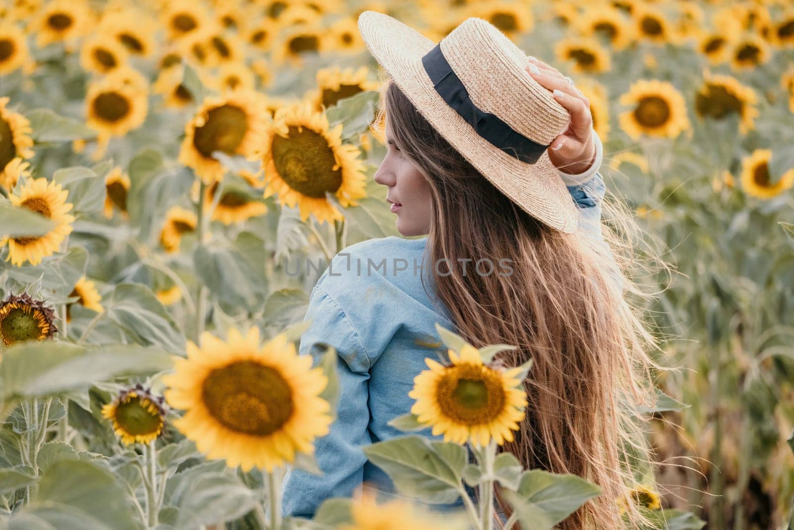 Woman in Sunflower Field: Happy girl in a straw hat and blue dress stands in a vast field of sunflowers at sunset. Summer time. by panophotograph