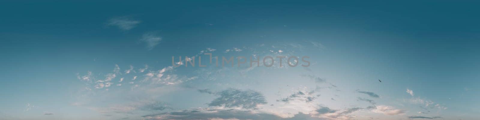 Dark blue sunset sky panorama with pink Cumulus clouds. Seamless hdr 360 panorama in spherical equirectangular format. Full zenith for 3D visualization, sky replacement for aerial drone panoramas. by panophotograph