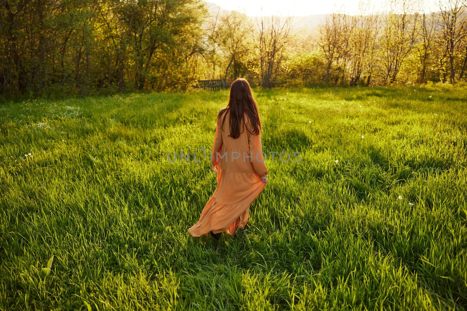 an attractive, slender, red-haired woman walks through a field during sunset, in a long orange dress enjoying unity with nature and relaxation holding the edge of her clothes by Vichizh