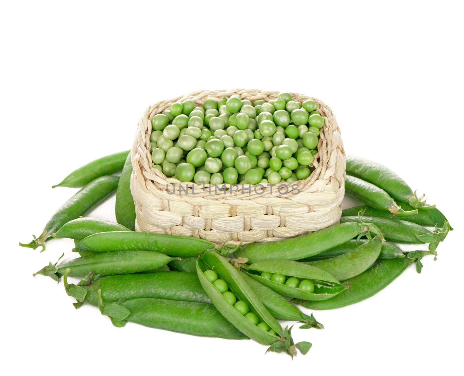 Raw green peas in pods isolated on the white background by aprilphoto