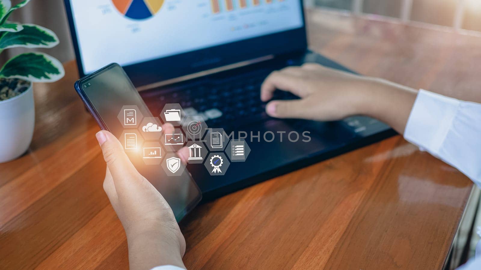 Human hand working on computer. business concept and communication technology by Unimages2527