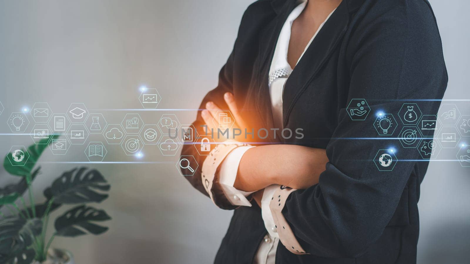 business woman standing with arms crossed with business icons.administration,management and business concept