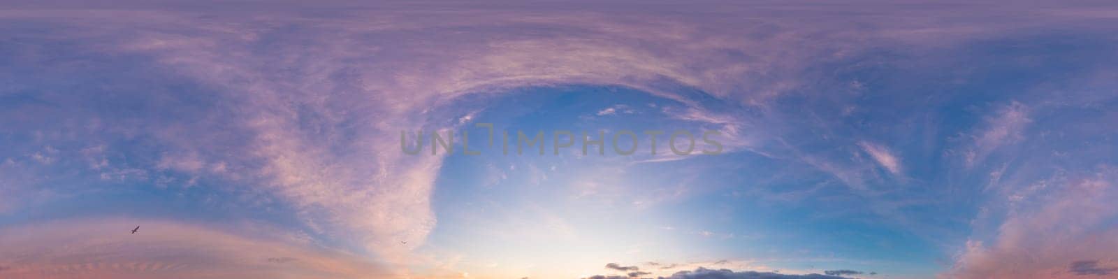 Bright sunset sky panorama with glowing red pink Cirrus clouds. HDR 360 seamless spherical panorama. Sky dome or zenith in 3D, sky replacement for aerial drone panoramas. Climate and weather change. by panophotograph
