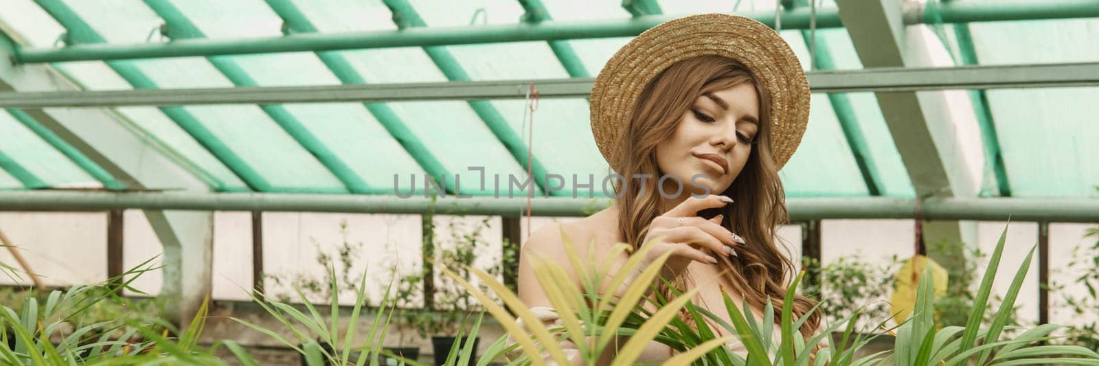 A beautiful young woman takes care of plants in a greenhouse. The concept of gardening and an eco-friendly lifestyle. by Annu1tochka