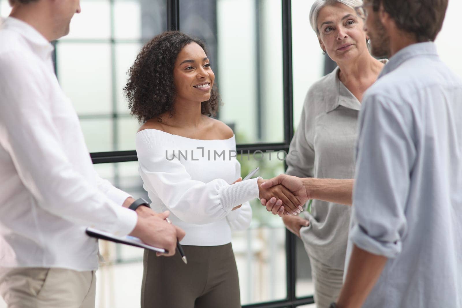 Smiling multiethnic businesspeople shaking hand in office.